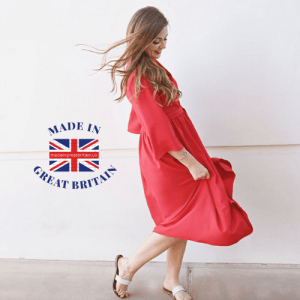 woman in red half sleeve flowing dress, best british womenswear brands, british blog, featured pages, made in great britain