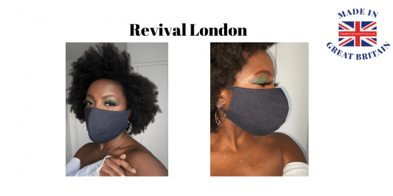 revival london, black woman with afro hair wearing a denim face mask