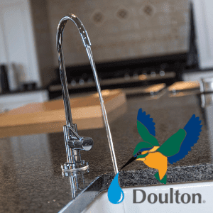 doulton, kitchen tap with under counter water filter by doulton with kingfisher logo and water droplet,
