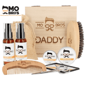 mo bros, men's beard and moustache grooming products gift set such as oils brushes combs and scissors, men's beauty products, british gifts for men, birthday gifts for him