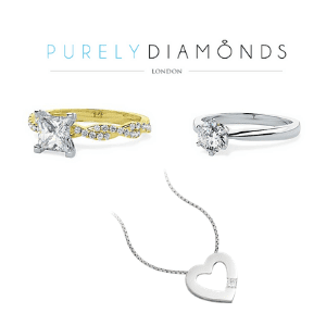 purely diamonds london, british jewelley makers, gold and diamond engagement ring white gold and diamong engagement ring and white gold heard necklace, jewllery gifts for her, made in britain, best british valentines day gifts for women