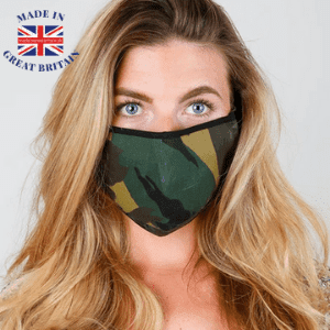 woman wearing an army camouflage face mask covering made in the uk, made in great britain, best british blog, best british brands