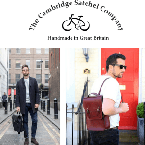 the cambridge satchel company, man in london holding a smart satchel bag and back pack, british made gifts for men