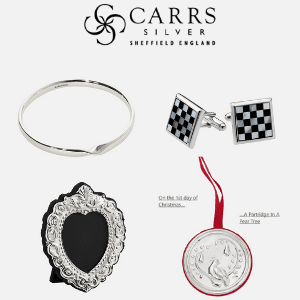 carrs of sheffield, silver gifts, silver bracelet silver chessboard cufflinks silver photo frame and silver partridge in a pear tree christmas decoration