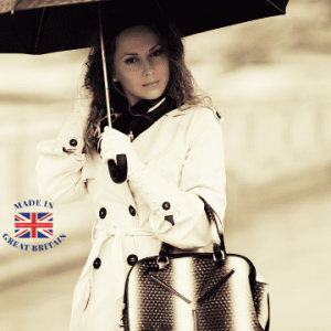 woman smart mac and handbag holding umbrella, british made women's clothing, british business directory