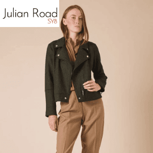 julian road forest green lambswool herringbone tweed biker jacket made in uk