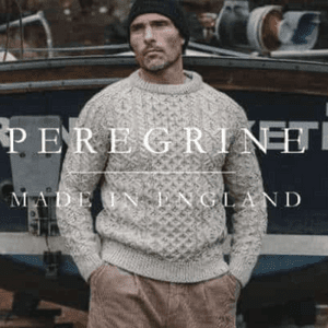 peregrine clothine made in britaine man wearing a cable knit jumper sir gordon bennett uk