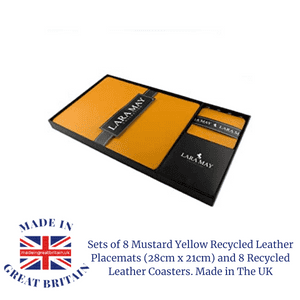 lara may mustard table place matts and coasters recycled leather made in Britain