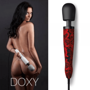 naked woman from behind holding a white british made doxy sex toy massager, floral red and black doxy original sex toy vibrator massage, discover the best uk made sex toy brands and makers