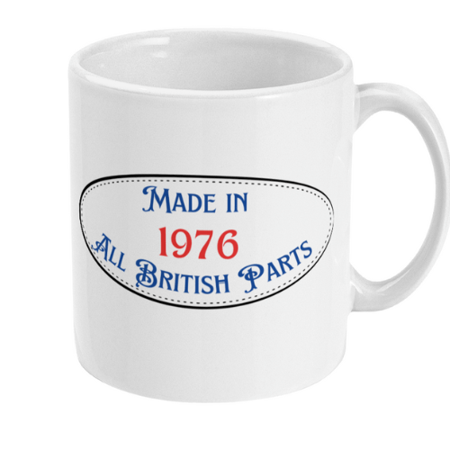 Personalised year British mug design in vintage style stitch logo with All British parts funny slogan