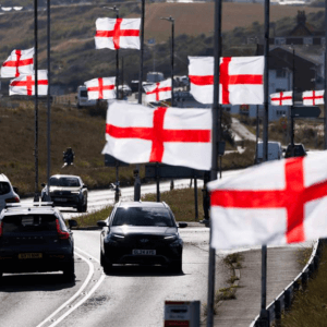 British flag protests and England flag flying in the UK