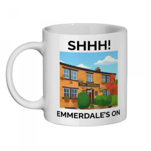 emmerdale mug, emmerdale woolpack mug, shh emmerdale's on, funny emmerdale mug, emmerdale mug gift