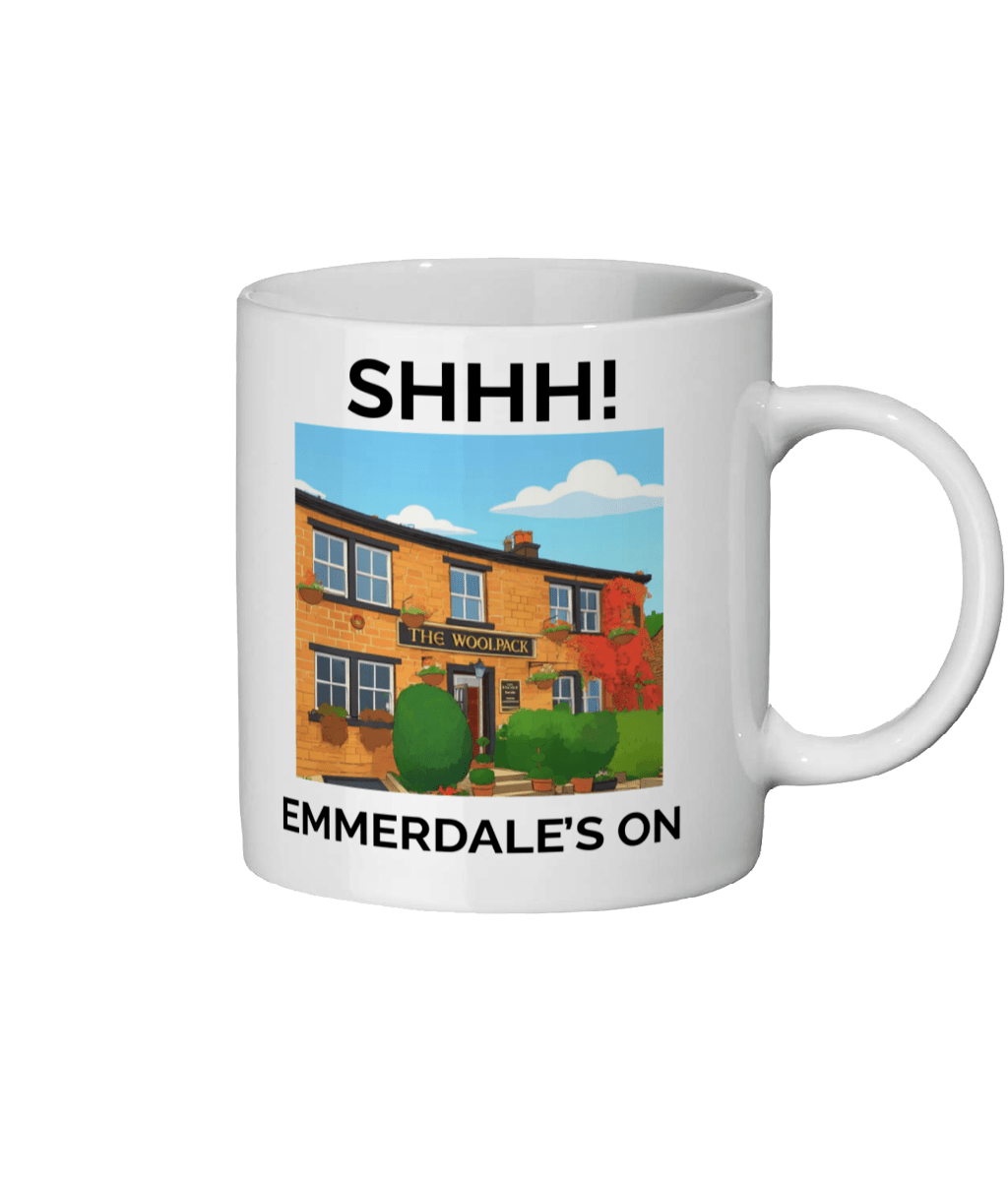 emmerdale mug, emmerdale woolpack mug, shh emmerdale's on, funny emmerdale mug, emmerdale mug gift