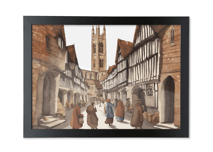 Dickensian Canterbury scene with cathedral in background and people shopping