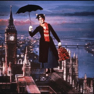 british carpet bags, mary poppins flying above london with umbrella and carpet bag and bog ben in background, made in britain