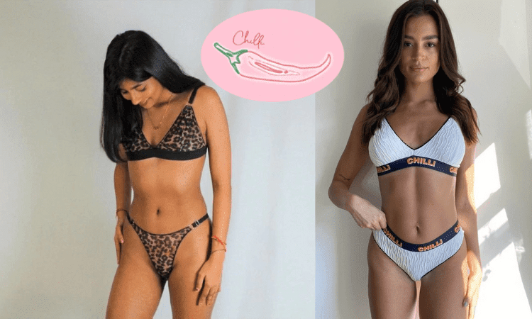 two young women in lingerie sets, one asian woman and one tanned white woman white lingerie and floral with plain background by Chilli brand, handmade in great britain