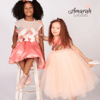 amarah london, occasionwear for gitls, two black and mixed race little girls of colour in special fancy pink dresses, british made children's clothes, black owned british made, black owned business