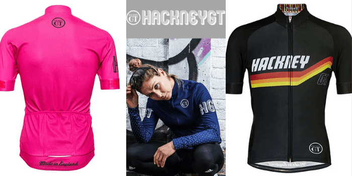 pink cycling short sleeve jersey made in england and black hackney gt short sleeved mens cycling jersey alongside a woman crouched down wearing a hackney gt blue cycling jacket, cycling clothing uk