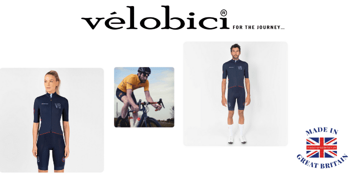 velobici cycling jerseys worn by a man and woman next to a man on a racing cycle made in uk, british made cycling clothing