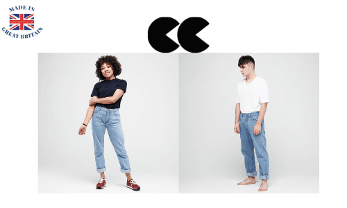 community clothing, young black girl wearing a pair of straight leg fade denim jeans, young white male wearing a pair of straight cut selvedge denim jeans made in England,