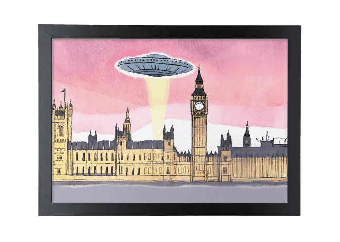 London wall art watercolour print scene of ufo hovering above big ben and the houses of parliament