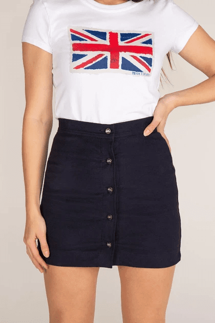 teddy edward, moleskin mini skirt, union flag t shirt, british luxury clothing brand
