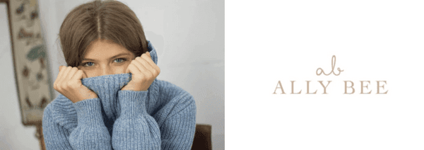 Ally Bee contemporary luxury knitwear, woman wearing roll neck ally bee jumper