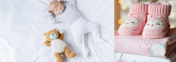 best british baby brands, baby sleeping on a bed next to teddy, baby pink knitted booties, made in britain blog, best british brands