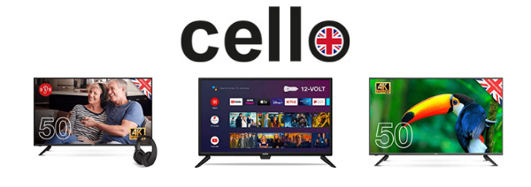 cello tv's made in britain hd 4k ultra and smart android with cello logo and union jack flag