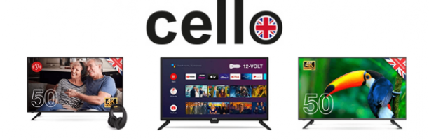 cello tv's made in britain hd 4k ultra and smart android with cello logo and union jack flag