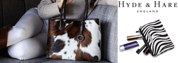 hyde and hare cowhide handbag, hyde and hare zebra prink make up purse, best british handbags, british handbag brands