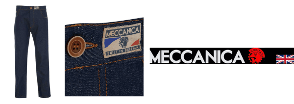meccanica built in britain denim jeans, meccanica logo