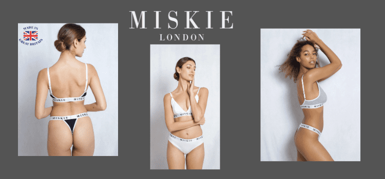 miski london women wearing british made underwear white grey and black sporty lingerie