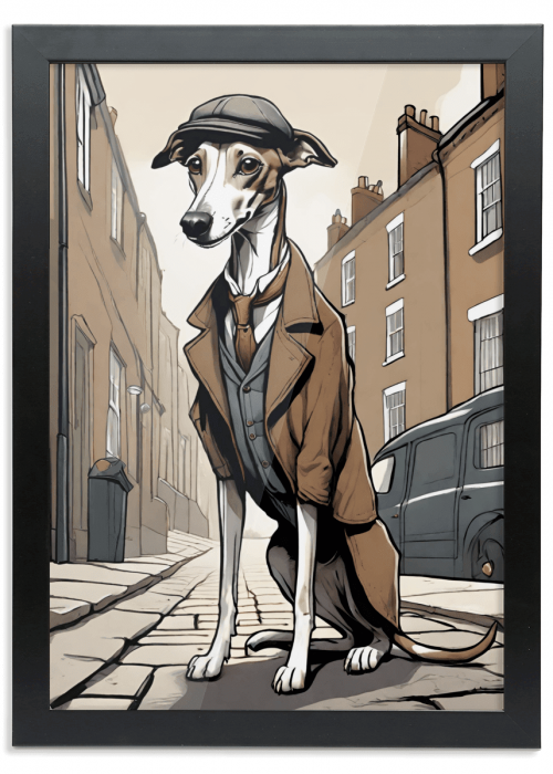 whippet in flat cap and coat print