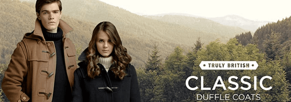 classic british duffle coats man and woman on forest hill peak background, british made coats