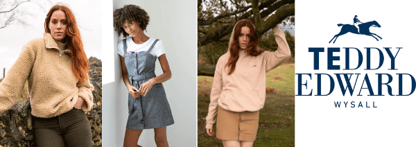 teddy edward wysall british made women's clothing, woman with ginger hair wearing british made sustainable clothes from recycled plastic, woman waering a pinafore dress