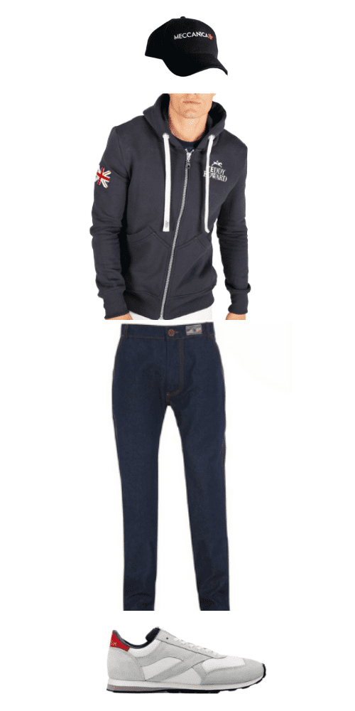 baseball cap jeans and hooded top made in uk, teddy edward and meccanica jeans