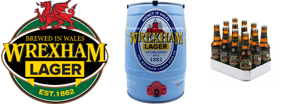 wrexham lager logo and barrell keg of beer with bottles, best british lagers